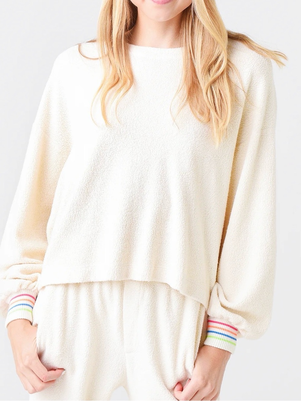 Sundry Stripe Cuff Faux Sherpa Sweatshirt XS Discontinued Style Hygge Cozy Chic